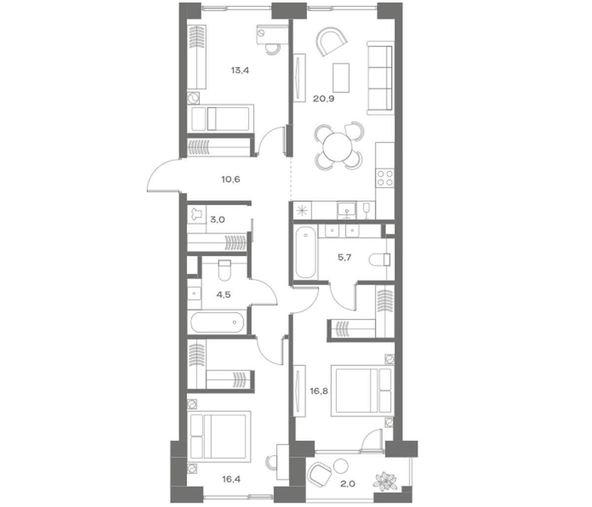 Планировка евро-4 (4Е) 93.3 м² в ЖК «СОУЛ», корпус Камерный дом (6)