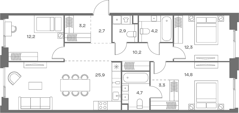 Планировка евро-4 (4Е) 96.4 м² в ЖК «СОУЛ», корпус Камерный дом (7)