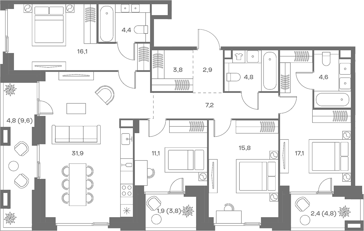 Планировка 5Е-к.кв 128.8 м² в ЖК «СОУЛ», корпус Камерный дом (7)