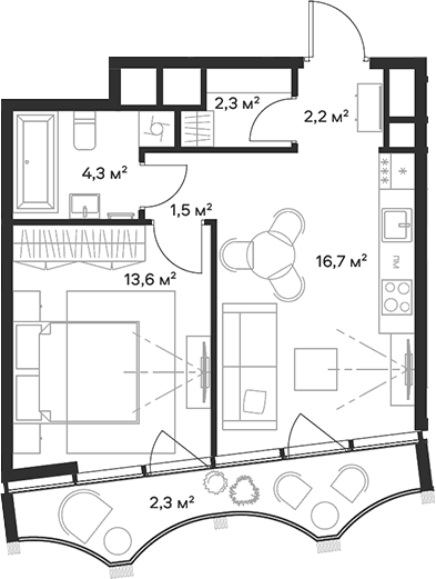Планировка евродвушка (2Е) 42.9 м² в ЖК «Союз», корпус 4