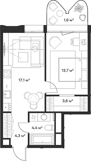 Планировка евродвушка (2Е) 44.7 м² в ЖК «Союз», корпус 5