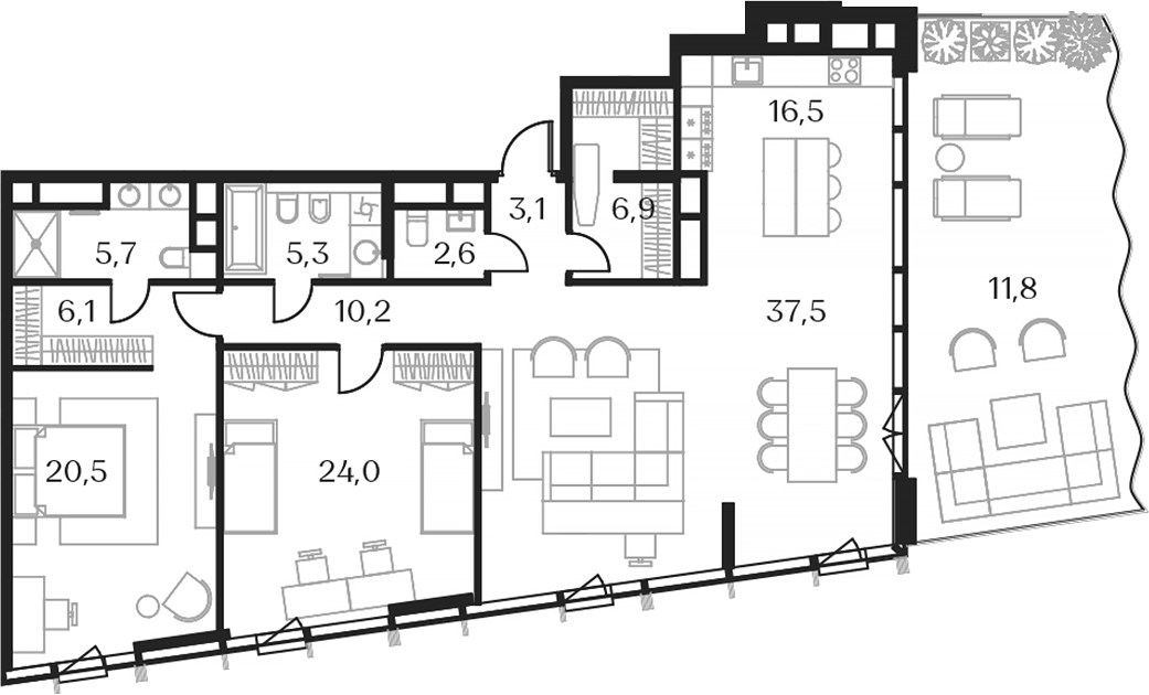 Планировка евротрёшка (3Е) 145.8 м² в ЖК «Союз», корпус 1