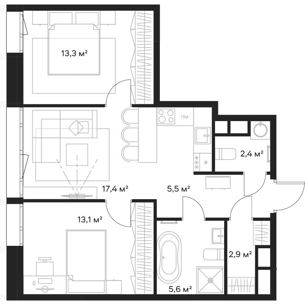 Планировка евротрёшка (3Е) 60.2 м² в ЖК «Союз», корпус 1
