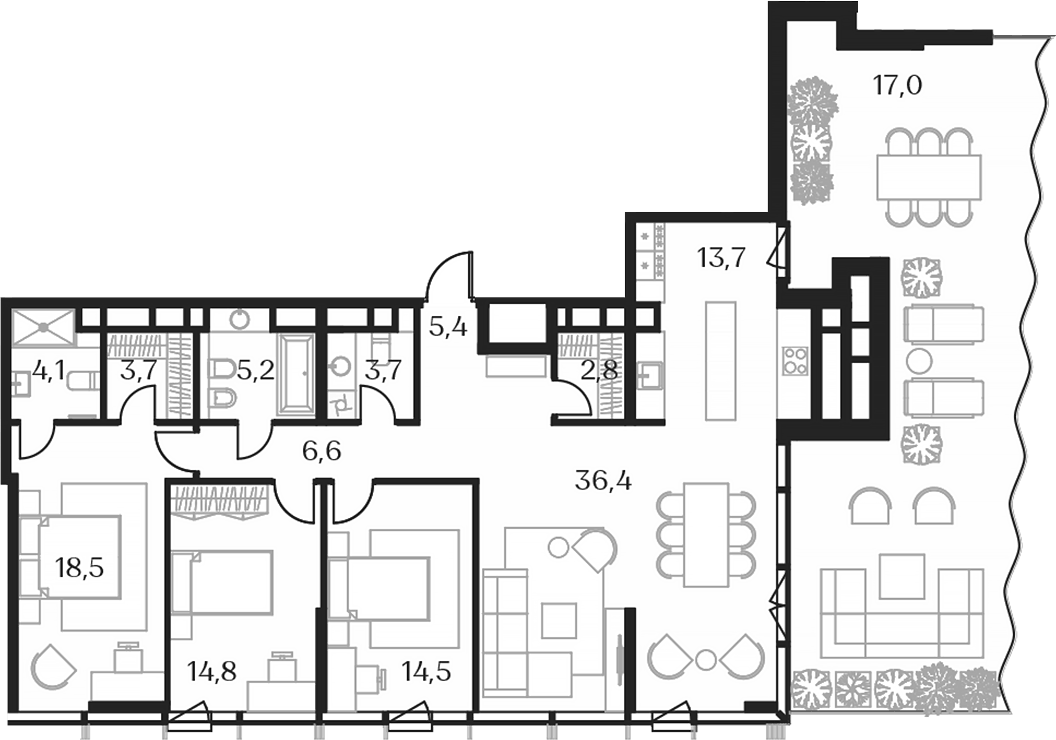 Планировка евро-4 (4Е) 142.7 м² в ЖК «Союз», корпус 2