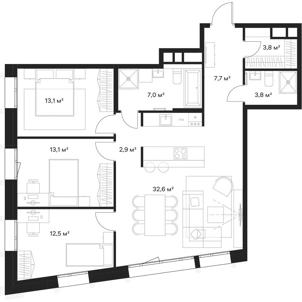 Планировка евро-4 (4Е) 97.8 м² в ЖК «Союз», корпус 1