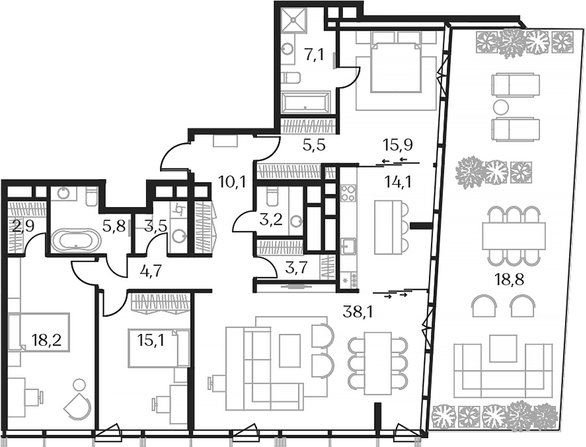 Планировка четырёхкомнатная 158.7 м² в ЖК «Союз», корпус 2