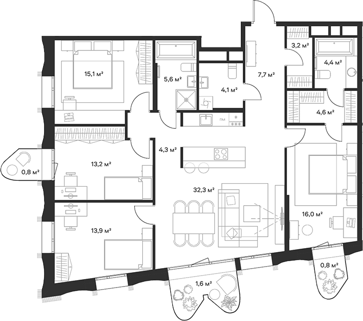 Планировка 5Е-к.кв 127.6 м² в ЖК «Союз», корпус 5
