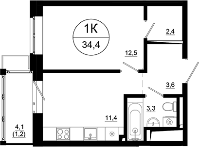 Планировка однокомнатная 34.4 м² в ЖК «Союзный», корпус 4