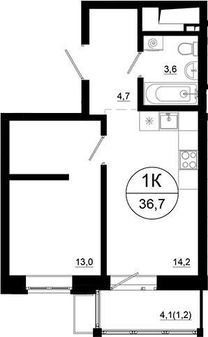 Планировка однокомнатная 36.7 м² в ЖК «Союзный», корпус 4