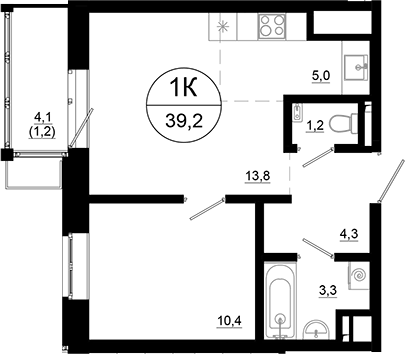 Планировка евродвушка (2Е) 39.2 м² в ЖК «Союзный», корпус 4