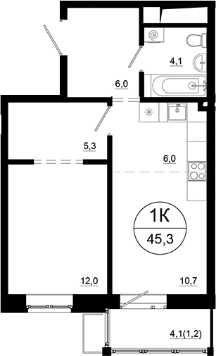 Планировка евродвушка (2Е) 45.3 м² в ЖК «Союзный», корпус 4