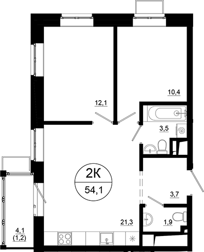 Планировка двухкомнатная 54.1 м² в ЖК «Союзный», корпус 4