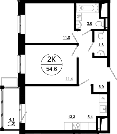 Планировка евротрёшка (3Е) 54.6 м² в ЖК «Союзный», корпус 4