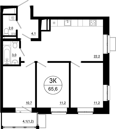 Планировка трёхкомнатная 65.6 м² в ЖК «Союзный», корпус 4