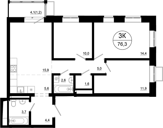 Планировка евро-4 (4Е) 76.3 м² в ЖК «Союзный», корпус 4