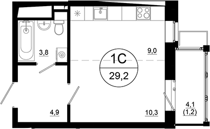 Планировка Студии 29.2 м² в ЖК «Союзный», корпус 4