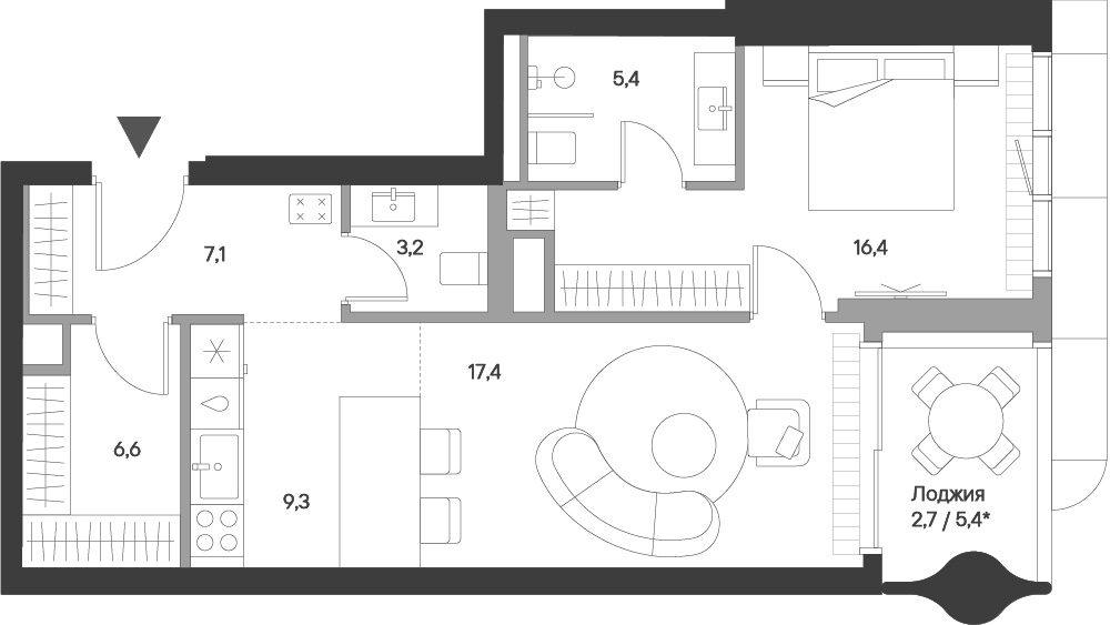 Планировка евродвушка (2Е) 68.1 м² в ЖК «Springs», корпус 1