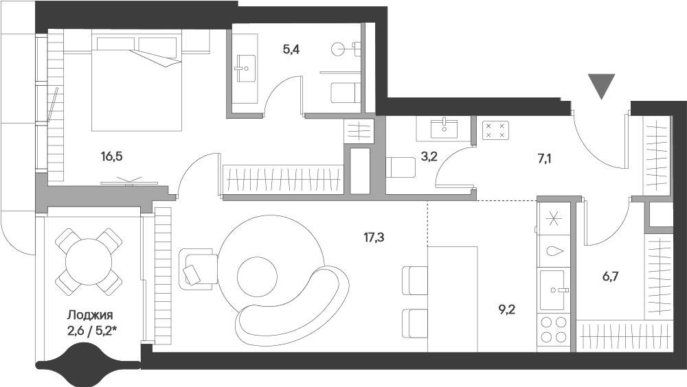 Планировка евродвушка (2Е) 68 м² в ЖК «Springs», корпус 1