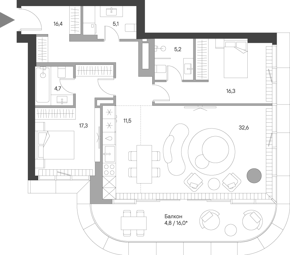 Планировка евротрёшка (3Е) 113.9 м² в ЖК «Springs», корпус 1