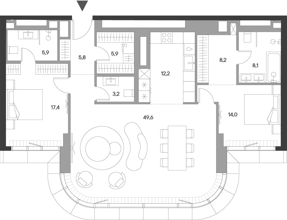 Планировка евротрёшка (3Е) 130.3 м² в ЖК «Springs», корпус 1