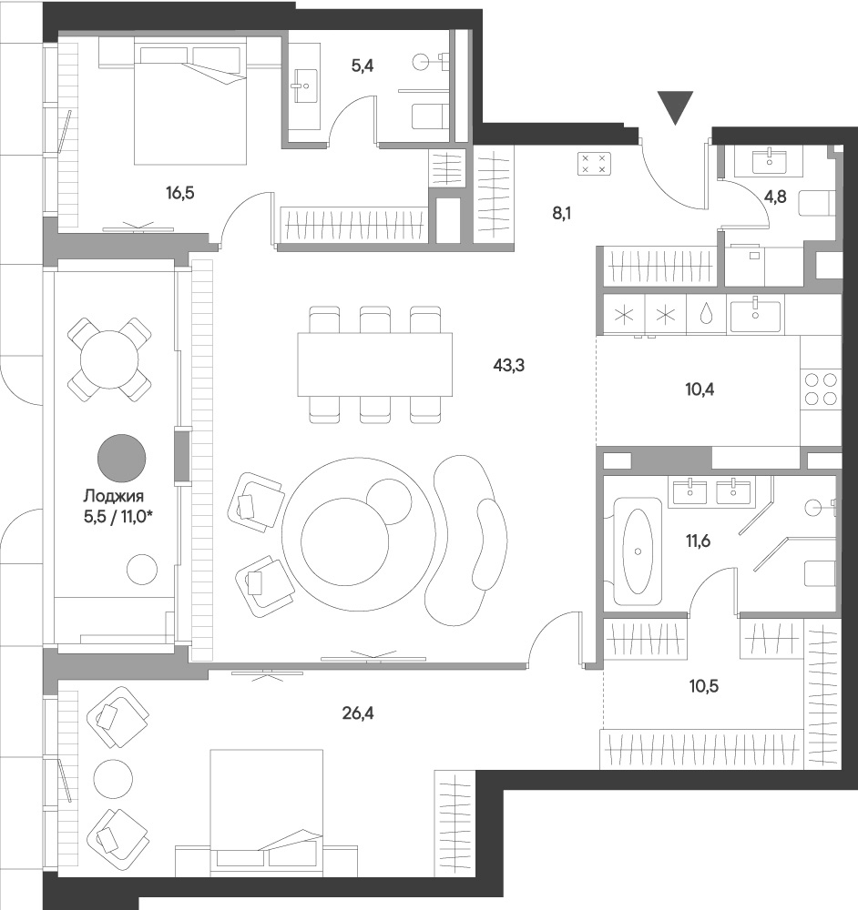 Планировка евротрёшка (3Е) 142.5 м² в ЖК «Springs», корпус 1