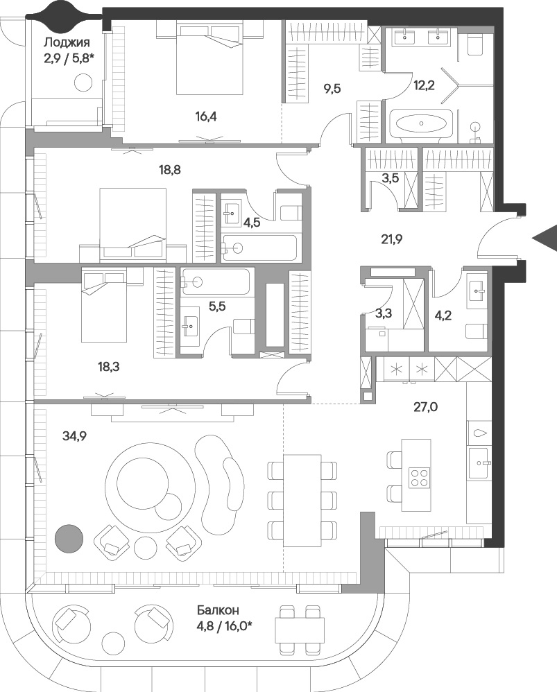 Планировка евро-4 (4Е) 187.7 м² в ЖК «Springs», корпус 1