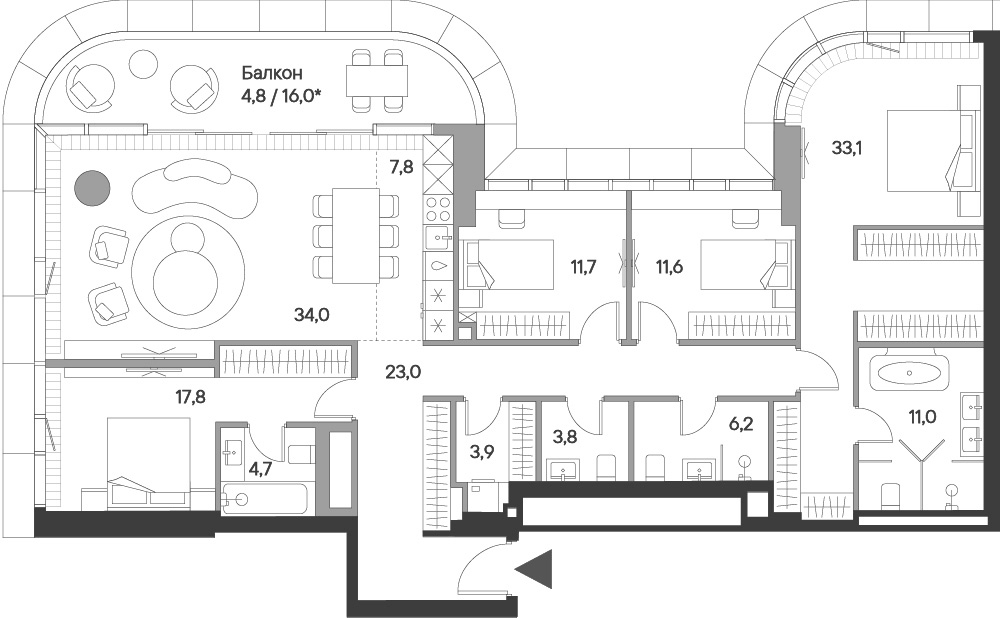 Планировка 5Е-к.кв 173.4 м² в ЖК «Springs», корпус 1