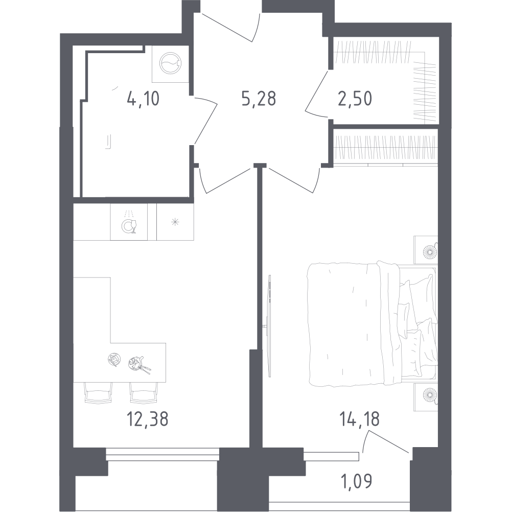 Планировка однокомнатная 39.53 м² в ЖК «Скай Спутник», корпус 20