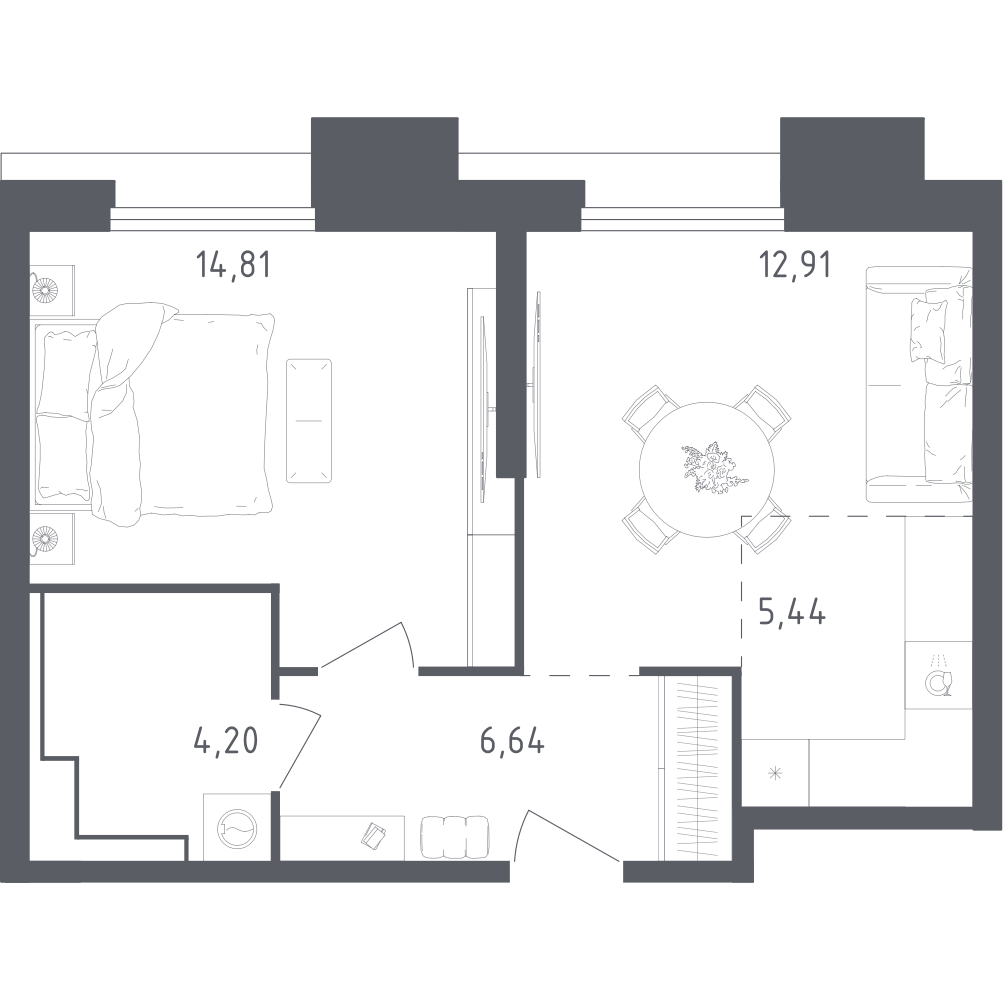Планировка евродвушка (2Е) 44 м² в ЖК «Скай Спутник», корпус 20