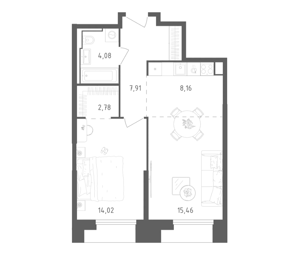 Планировка евродвушка (2Е) 52.41 м² в ЖК «Скай Спутник», корпус 20