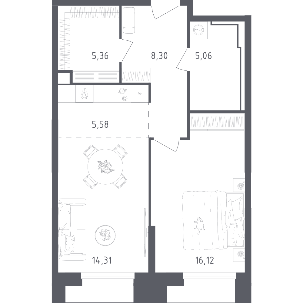 Планировка евродвушка (2Е) 54.73 м² в ЖК «Скай Спутник», корпус 20