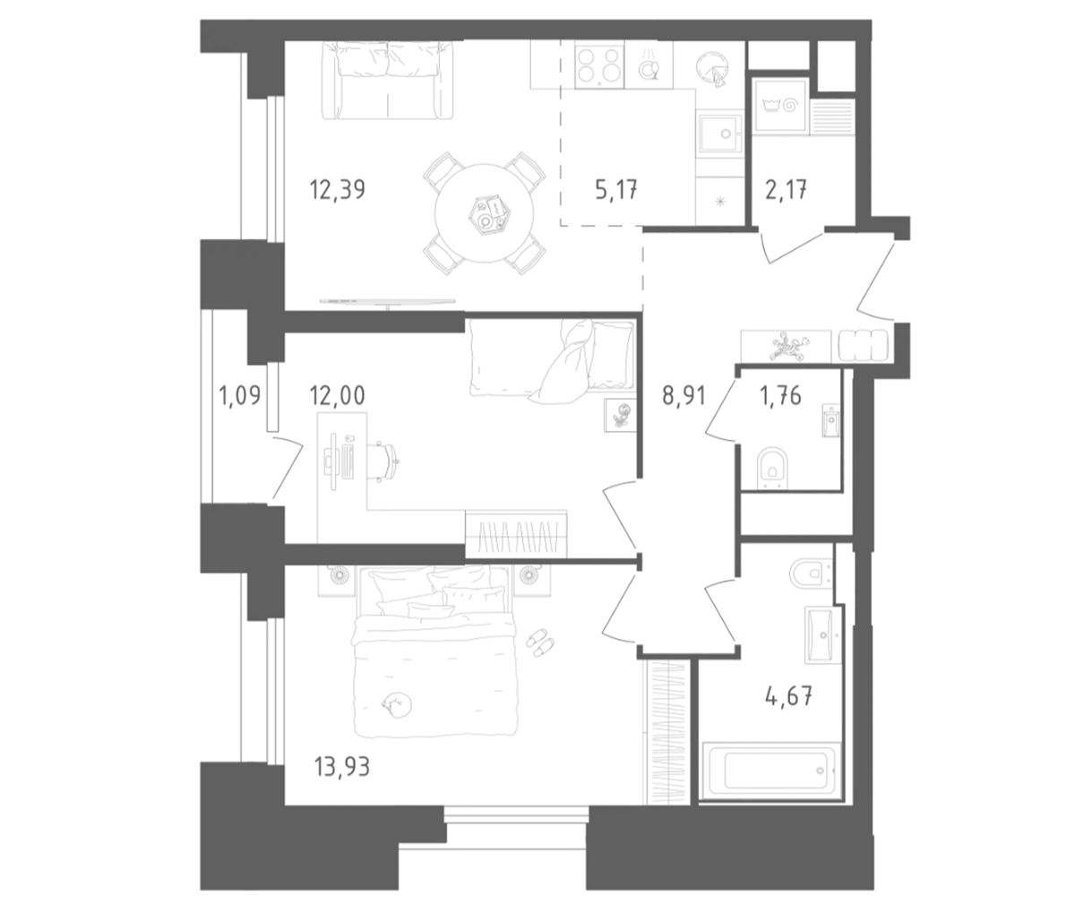 Планировка евротрёшка (3Е) 62.09 м² в ЖК «Скай Спутник», корпус 20