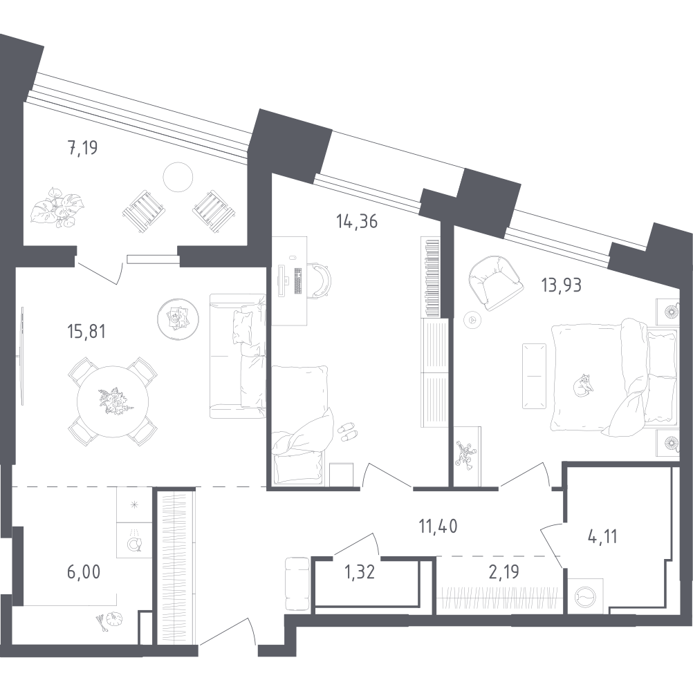 Планировка евротрёшка (3Е) 76.31 м² в ЖК «Скай Спутник», корпус 20