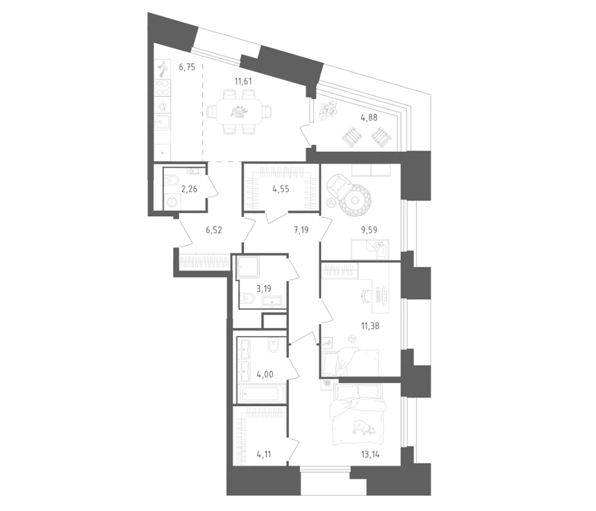 Планировка евро-4 (4Е) 89.17 м² в ЖК «Скай Спутник», корпус 20