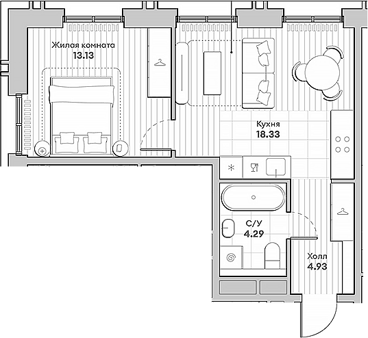 Планировка однокомнатная 40.68 м² в ЖК «ИНДИВО», корпус 5