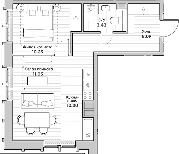Планировка евродвушка (2Е) 43.02 м² в ЖК «ИНДИВО», корпус 4.2