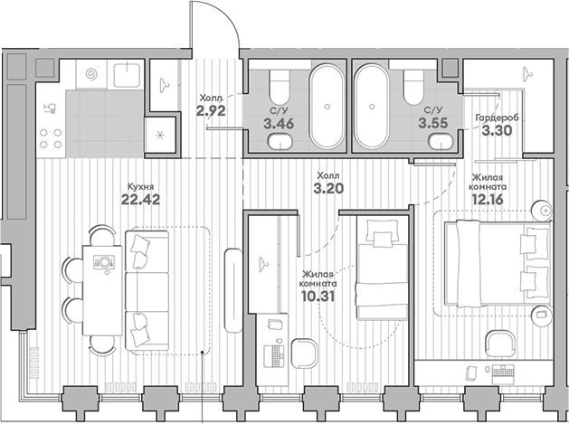 Планировка двухкомнатная 61.32 м² в ЖК «ИНДИВО», корпус 4.1