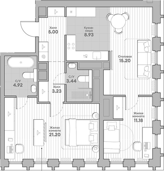 Планировка евротрёшка (3Е) 73.1 м² в ЖК «ИНДИВО», корпус 4.1