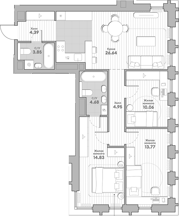 Планировка трёхкомнатная 83.17 м² в ЖК «ИНДИВО», корпус 4.1