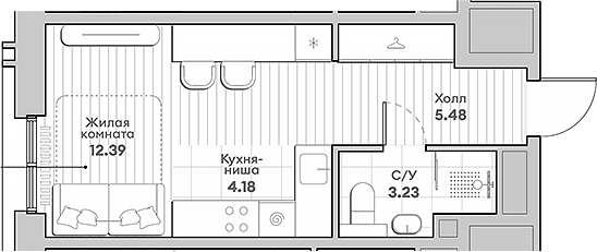 Планировка Студии 25.28 м² в ЖК «ИНДИВО», корпус 5