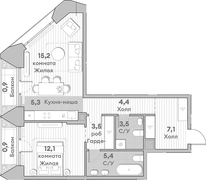 Планировка евродвушка (2Е) 58.3 м² в ЖК «НАТИВ», корпус 5.7.1
