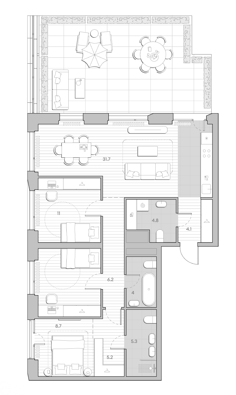 Планировка евротрёшка (3Е) 106.1 м² в ЖК «НАТИВ», корпус 5.4