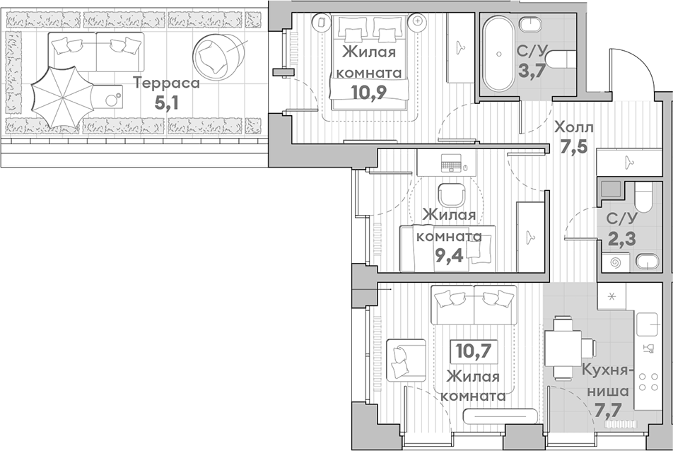 Планировка евротрёшка (3Е) 57.3 м² в ЖК «НАТИВ», корпус 5.8