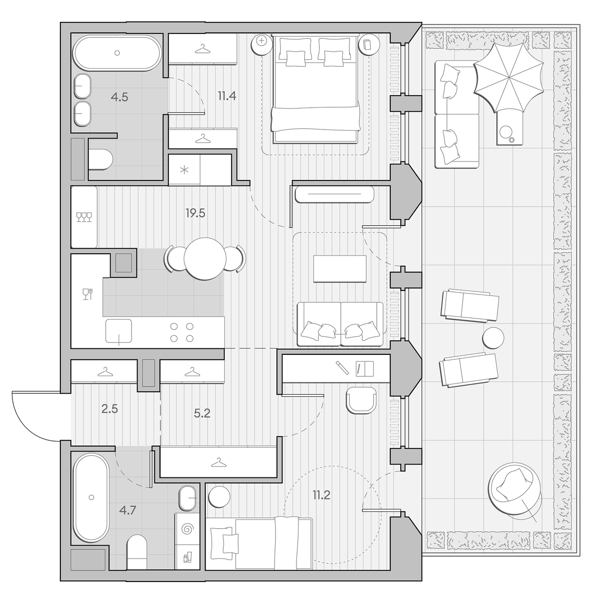 Планировка евротрёшка (3Е) 68.1 м² в ЖК «НАТИВ», корпус 5.3