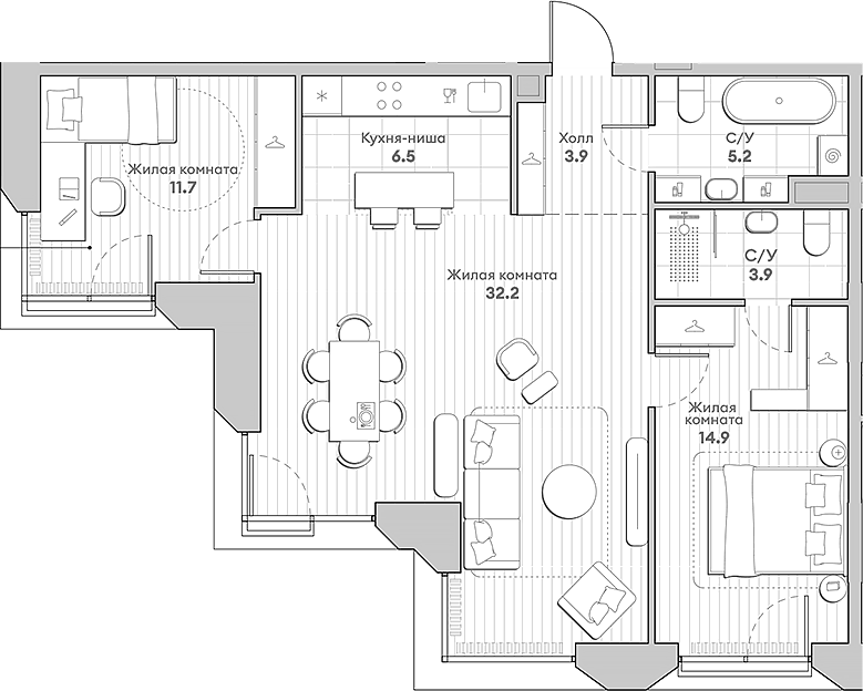 Планировка евротрёшка (3Е) 78.3 м² в ЖК «НАТИВ», корпус 5.2