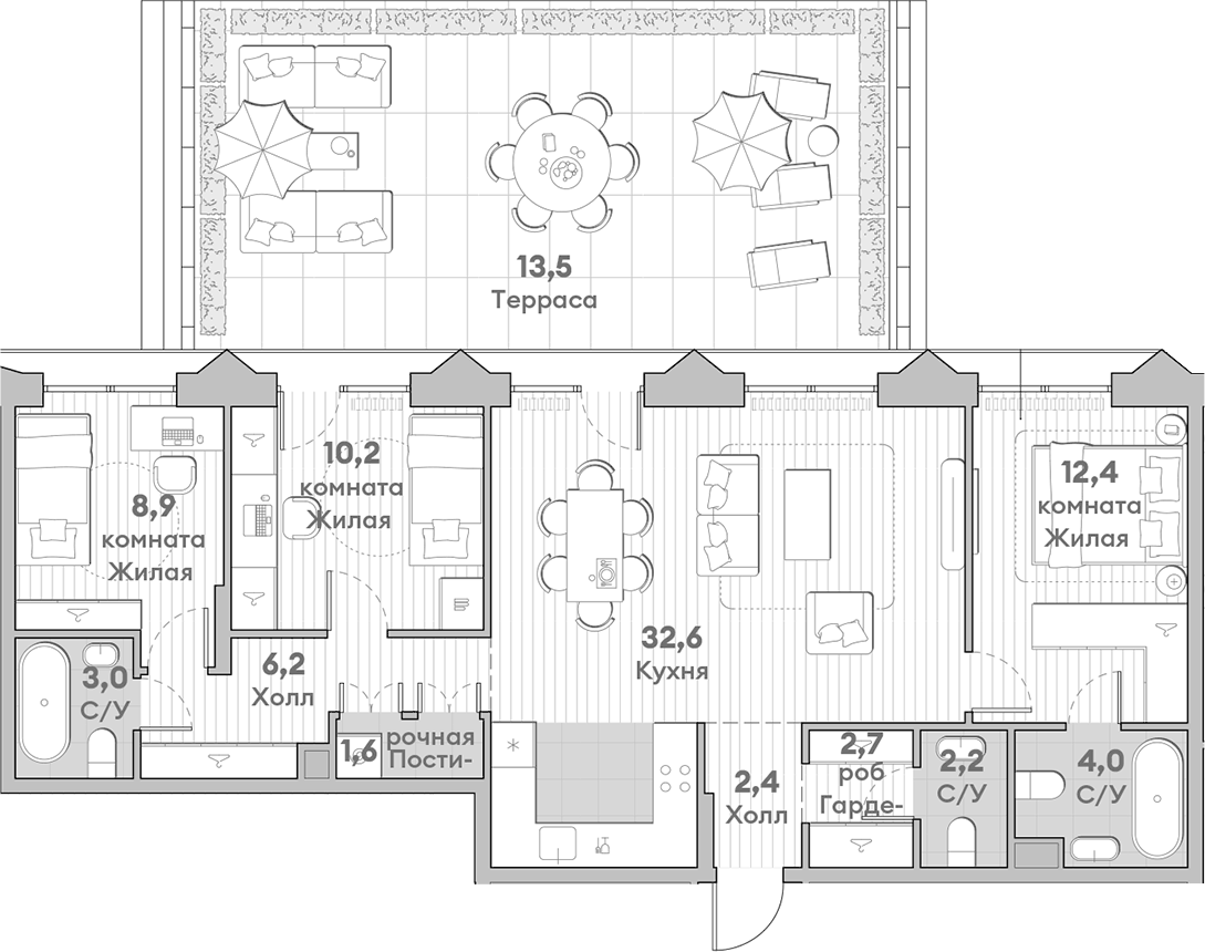 Планировка трёхкомнатная 99.7 м² в ЖК «НАТИВ», корпус 5.7.1