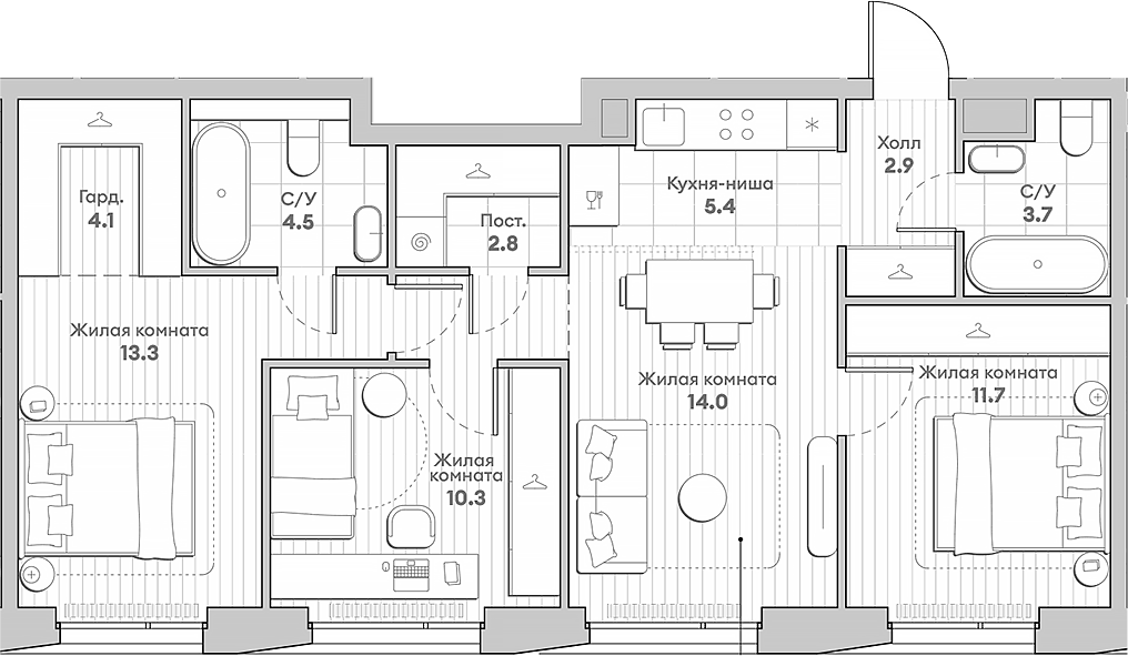 Планировка евро-4 (4Е) 74.9 м² в ЖК «НАТИВ», корпус 5.4