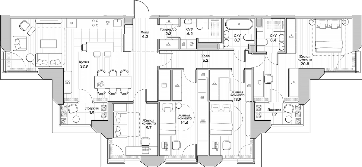 Планировка четырёхкомнатная 124.7 м² в ЖК «НАТИВ», корпус 5.3