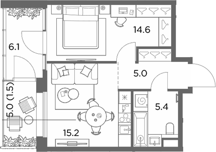 Планировка однокомнатная 47.8 м² в ЖК «Станиславский», корпус 2.3