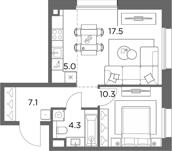 Планировка евродвушка (2Е) 44.2 м² в ЖК «Станиславский», корпус 2.2